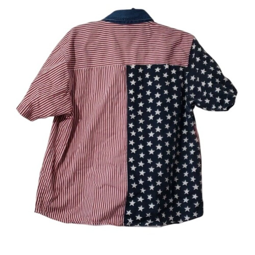 Vintage 90s Red White Blue USA Flag Holiday Button Down Blouse Short Sleeve Top - Picture 6 of 6